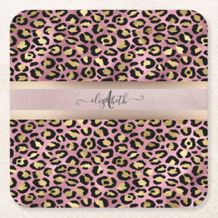 Leopard Pattern Monogram Rose Gold Black   Square Paper Coaster
