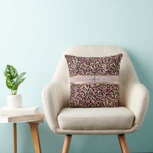 Leopard Pattern Monogram Rose Gold Black  Throw Pillow