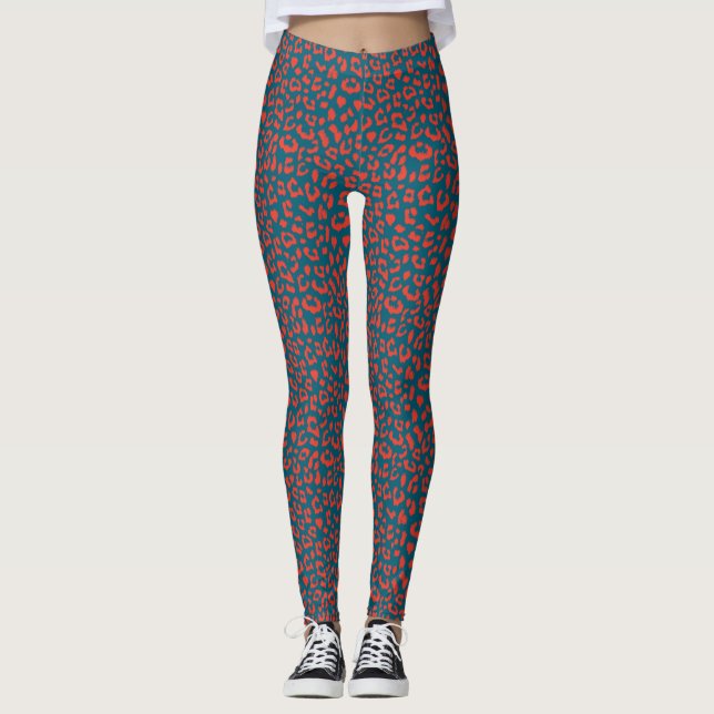 Leopard Patterned Leggings - Red and Slate Blue (Front)
