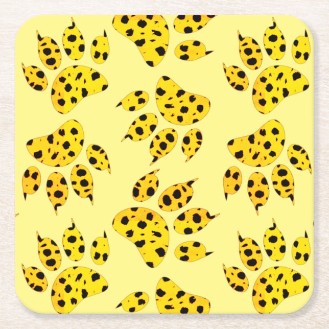 Leopard Paw Print Pattern Square Paper Coaster (Front)