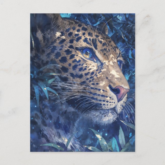 Leopard Peeking Through Indigo Watercolor Jungle Postcard (Front)