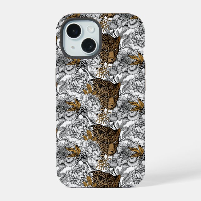Leopard & Peonies Pattern iPhone 15 Case (Back)