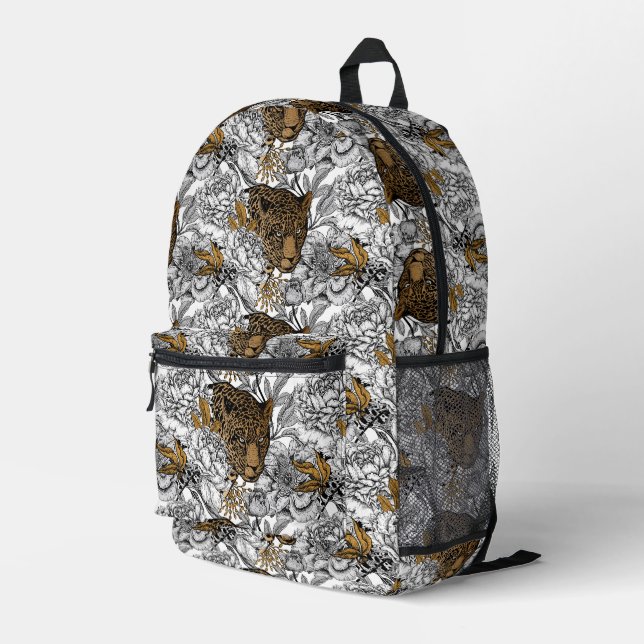 Leopard & Peonies Pattern Printed Backpack (Back Corner Right)