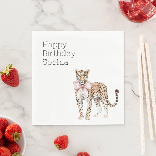 Leopard Pink Bow Birthday Napkin (Insitu)