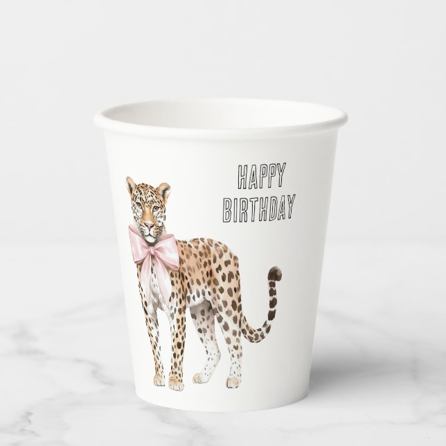 Leopard Pink Bow Birthday Paper Cups (Front)