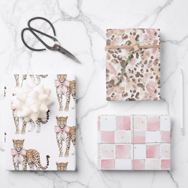 Leopard Pink Bow Birthday Wrapping Paper Sheet (Front)