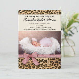 Leopard Pink Bow Girl Baby Birth Announcement