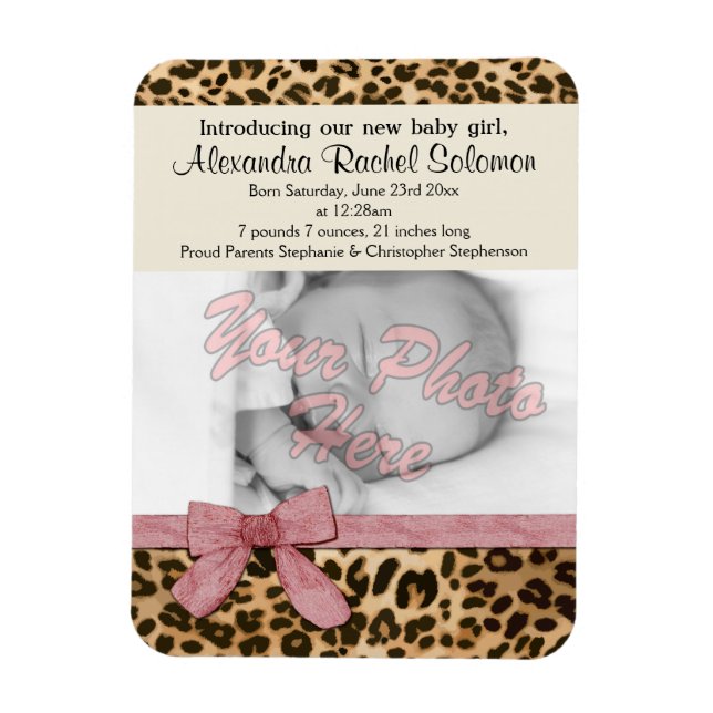 Leopard Pink Bow Girl Baby Birth Announcement Magnet (Vertical)
