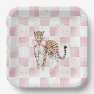 Leopard Pink Bow Squares Birthday Paper Plate