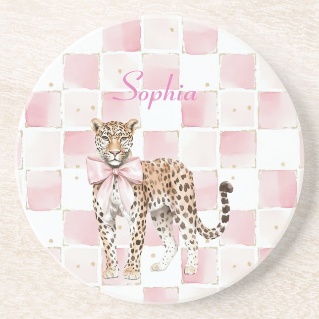 Leopard Pink Bow Squares Coaster (Front)