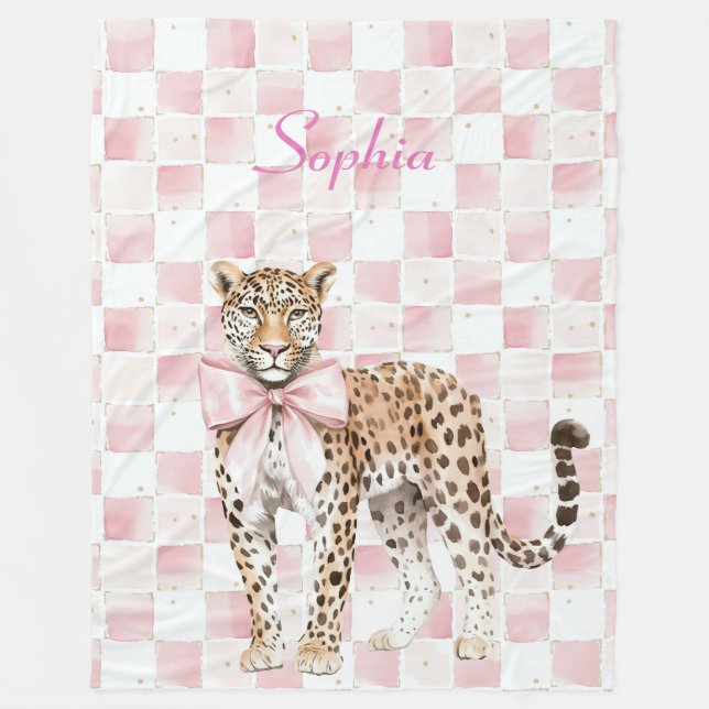 Leopard Pink Bow Squares Fleece Blanket (Front)
