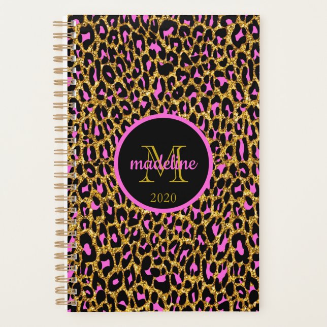 Leopard Pink Gold Sparkle Glam Girly Planner (Front)