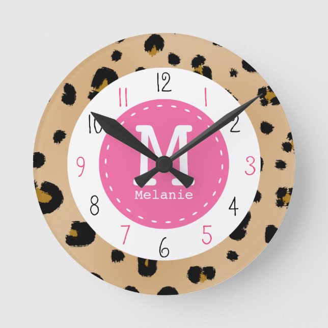 Leopard & Pink Monogram Clock (Front)