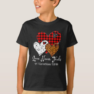 Leopard Plaid Print Heart Valentine Love Never T-Shirt
