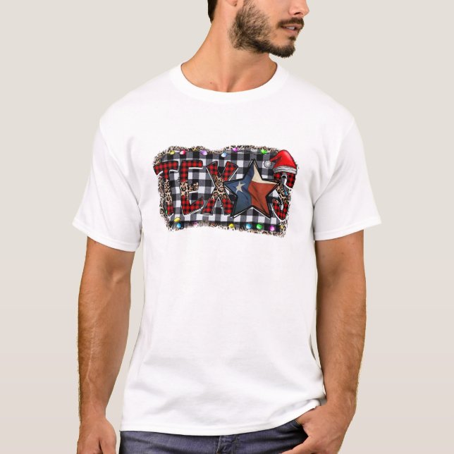 Leopard Plaid Print Texas Merry Christmas T-Shirt (Front)