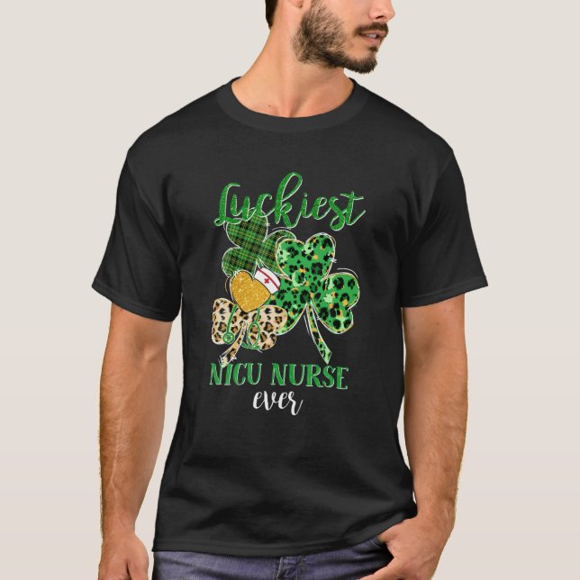 Leopard Plaid Shamrock Luckiest NICU Nurse St Patr T-Shirt (Front)