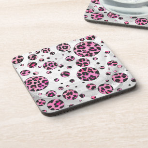 Leopard Polka Dot Black and Hot Pink Print Coaster