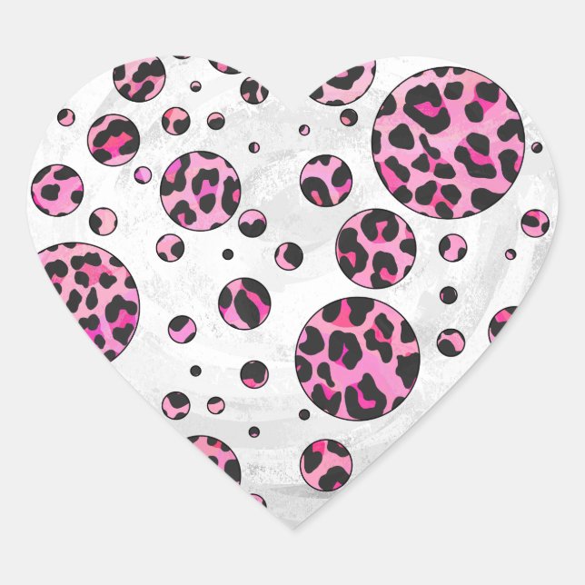 Leopard Polka Dot Black and Hot Pink Print Heart Sticker (Front)