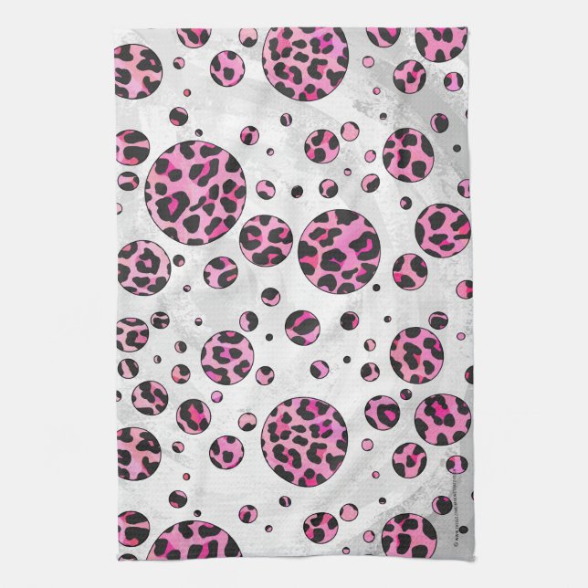 Leopard Polka Dot Black and Hot Pink Print Kitchen Towel (Vertical)
