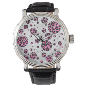 Leopard Polka Dot Black and Hot Pink Print Watch