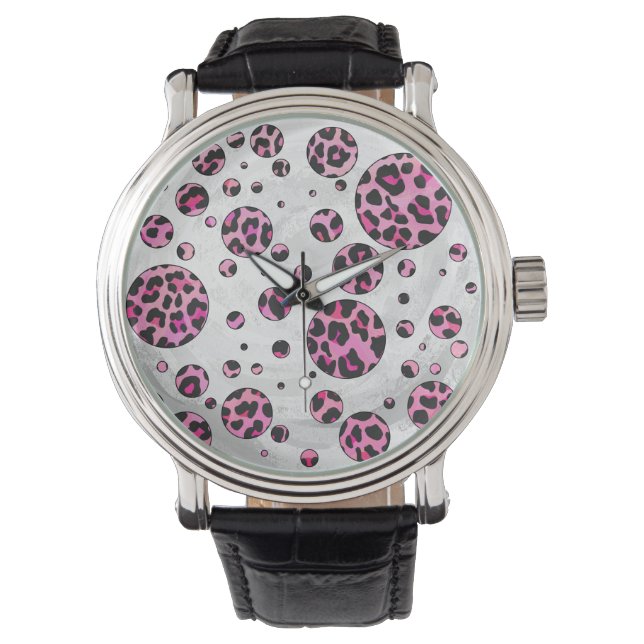 Leopard Polka Dot Black and Hot Pink Print Watch (Front)