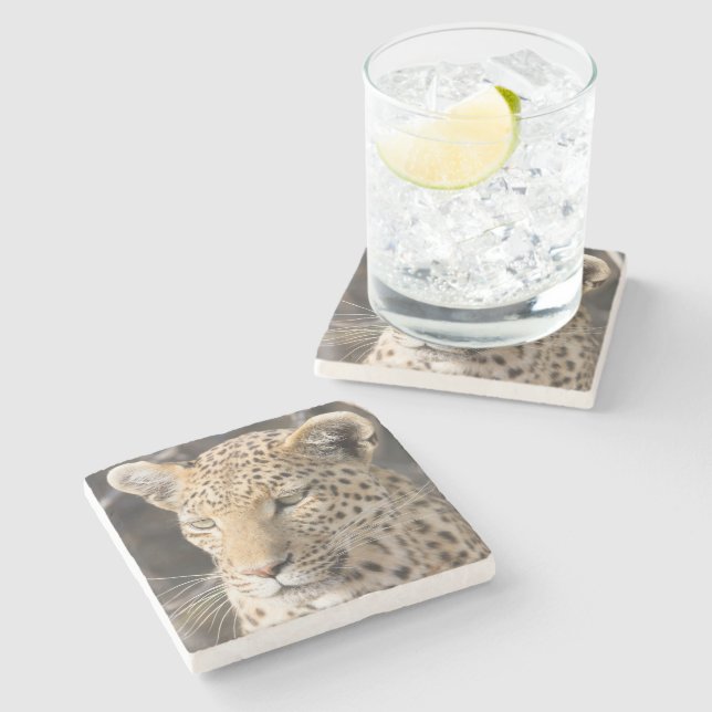 Leopard portrait photo stone coaster (Side)
