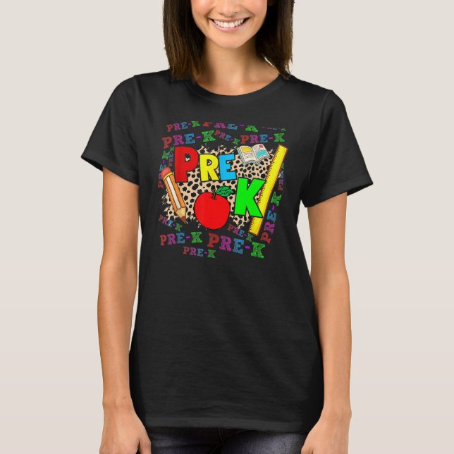 Leopard Pre K Typography Preschool Teacher Back To T-Shirt (Front)