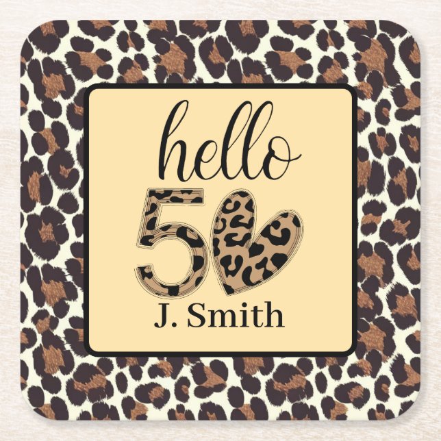 Leopard print 50th Birthday  Square Paper Coaster (Front)