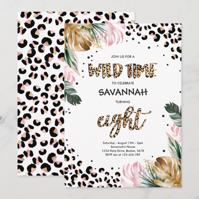 Leopard Print 8th Birthday Safari Jungle Party Invitation (Front/Back)