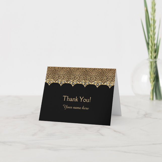 Leopard Print and Black Gold Diamonds Thank You Card (Front)