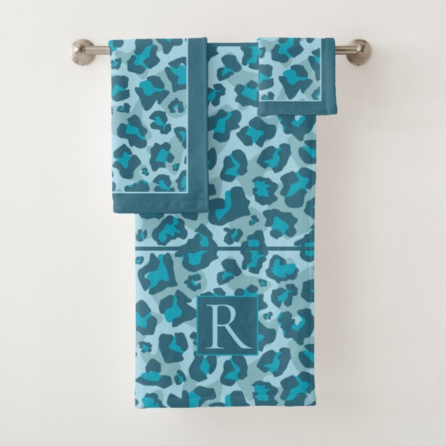 Leopard print and monogram in blue tones bath towel set (Insitu)
