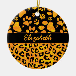 Leopard Print and Paws Orange Yellow Personalized Ceramic Ornament