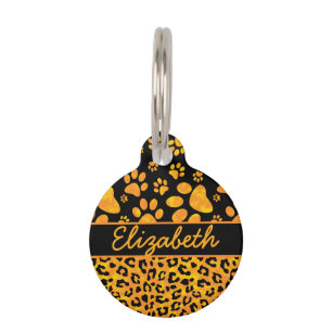 Leopard Print and Paws Orange Yellow Personalized Pet Tag
