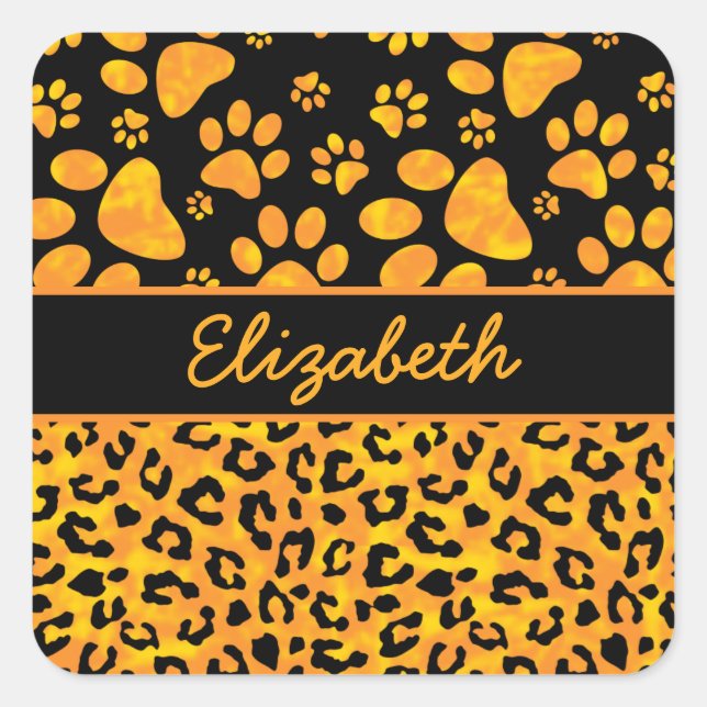 Leopard Print and Paws Orange Yellow Personalized Square Sticker (Front)