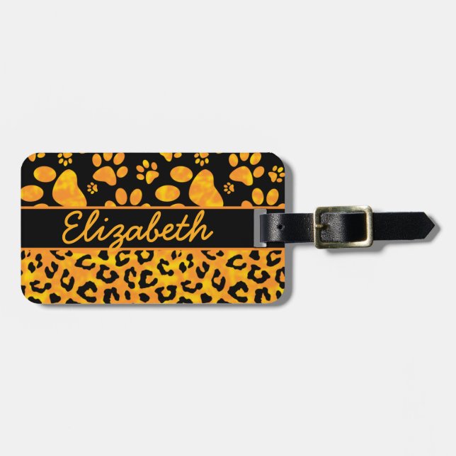 Leopard Print and Paws Personalized Address Luggage Tag (Front Horizontal)
