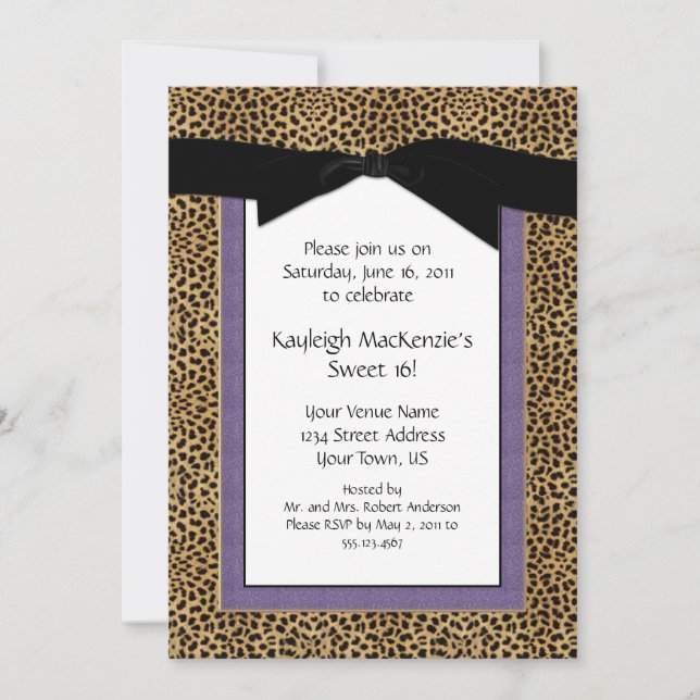 Leopard Print and Purple Sweet 16 Invitation (Front)