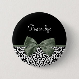 Leopard Print Animal Pattern Dark Green Bow 2 Inch Round Button