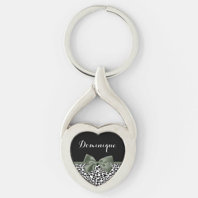 Leopard Print Animal Pattern Dark Green Bow Keychain (Front)