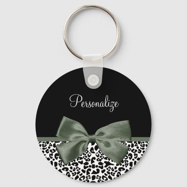 Leopard Print Animal Pattern Dark Green Bow Keychain (Front)