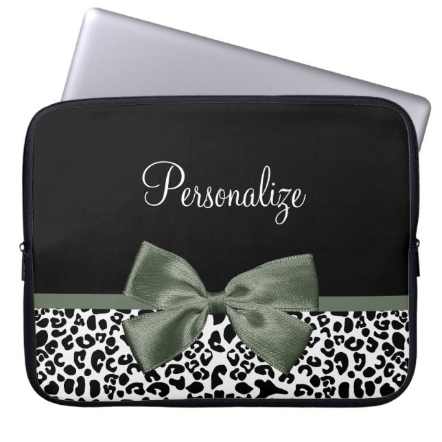 Leopard Print Animal Pattern Dark Green Bow Laptop Sleeve (Front)