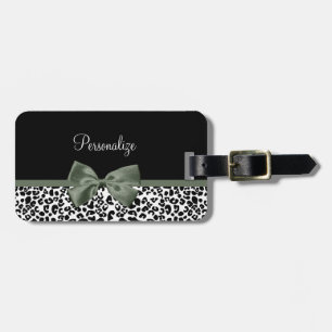 Leopard Print Animal Pattern Dark Green Bow Luggage Tag