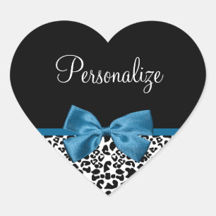 Leopard Print Animal Pattern Pretty Blue Bow Heart Sticker