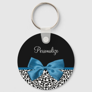 Leopard Print Animal Pattern Pretty Blue Bow Keychain