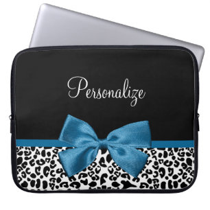 Leopard Print Animal Pattern Pretty Blue Bow Laptop Sleeve