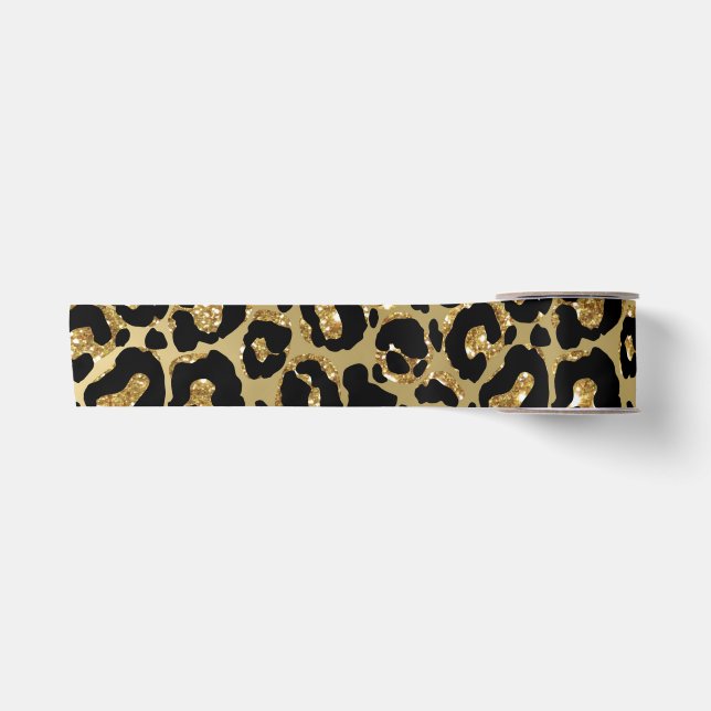 Leopard Print Animal Print Gold Glitter Satin Ribbon (Front)