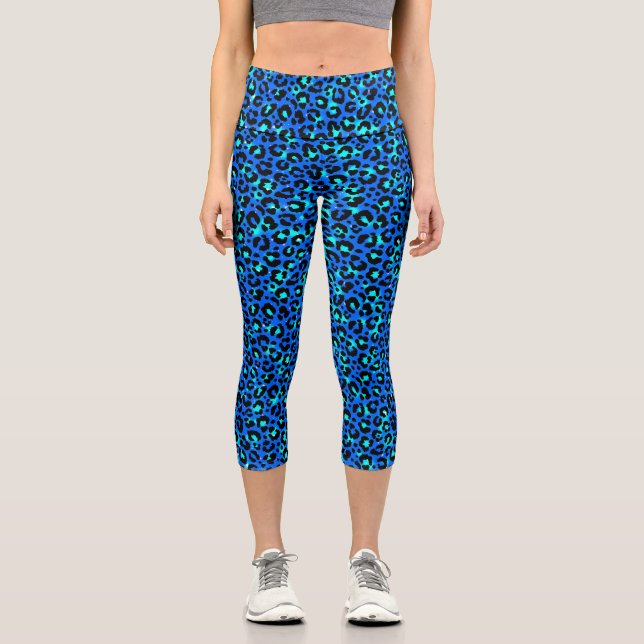 Leopard Print Animal Skin Pattern Blue Black Capri Leggings (Front)