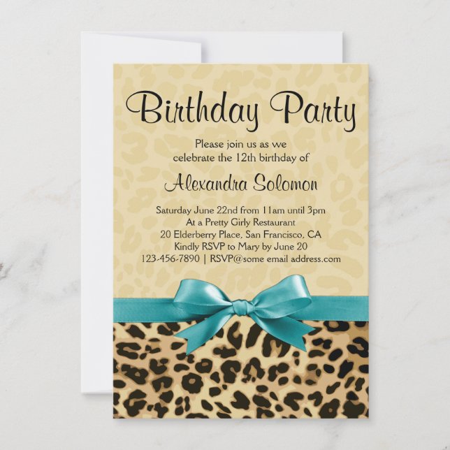 Leopard Print Aqua Blue Bow Girl Birthday Party Invitation (Front)