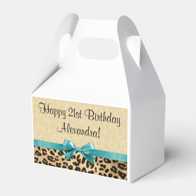 Leopard Print Aqua Blue Bow Girls Womens Birthday Favor Box (Front Side)