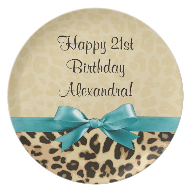 Leopard Print Aqua Blue Bow Girls Womens Birthday Plate (Front)