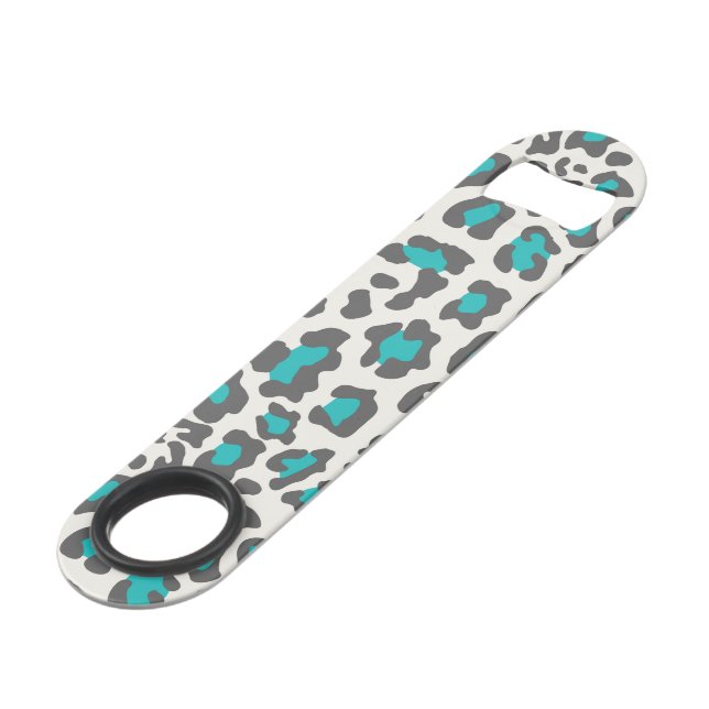 Leopard Print Aqua, Grey, White Speed Bottle Opener (Front Angled)